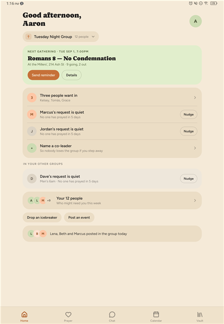 A leader's home screen, with the next gathering, three requests nobody has prayed for in five days, one of them in another group, and a prompt to name a co-leader.