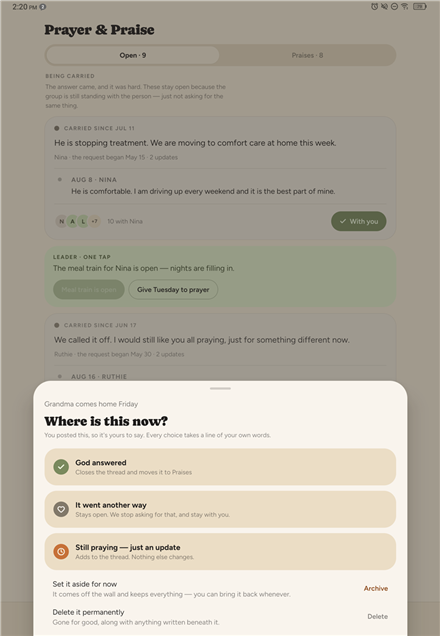 The sheet a person gets when they close their own request, headed Where is this now. Three choices: God answered, which moves it to Praises; it went another way, which stays open and stops the asking; and still praying, just an update.