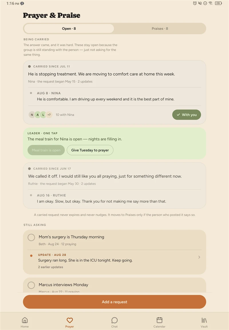 Emberside&rsquo;s Prayer and Praise screen: two requests the group is carrying, each with its later updates and the people standing with the person who asked, and two more the group is still praying about.