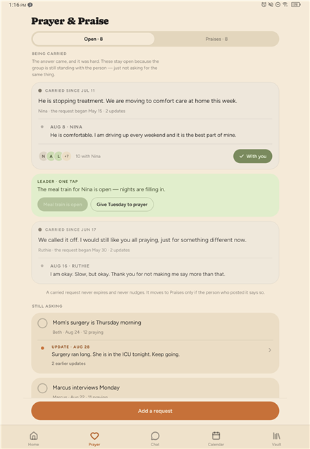 Emberside&rsquo;s Prayer and Praise screen: two requests the group is carrying, each with its later updates and the people standing with the person who asked, and two more the group is still praying about.