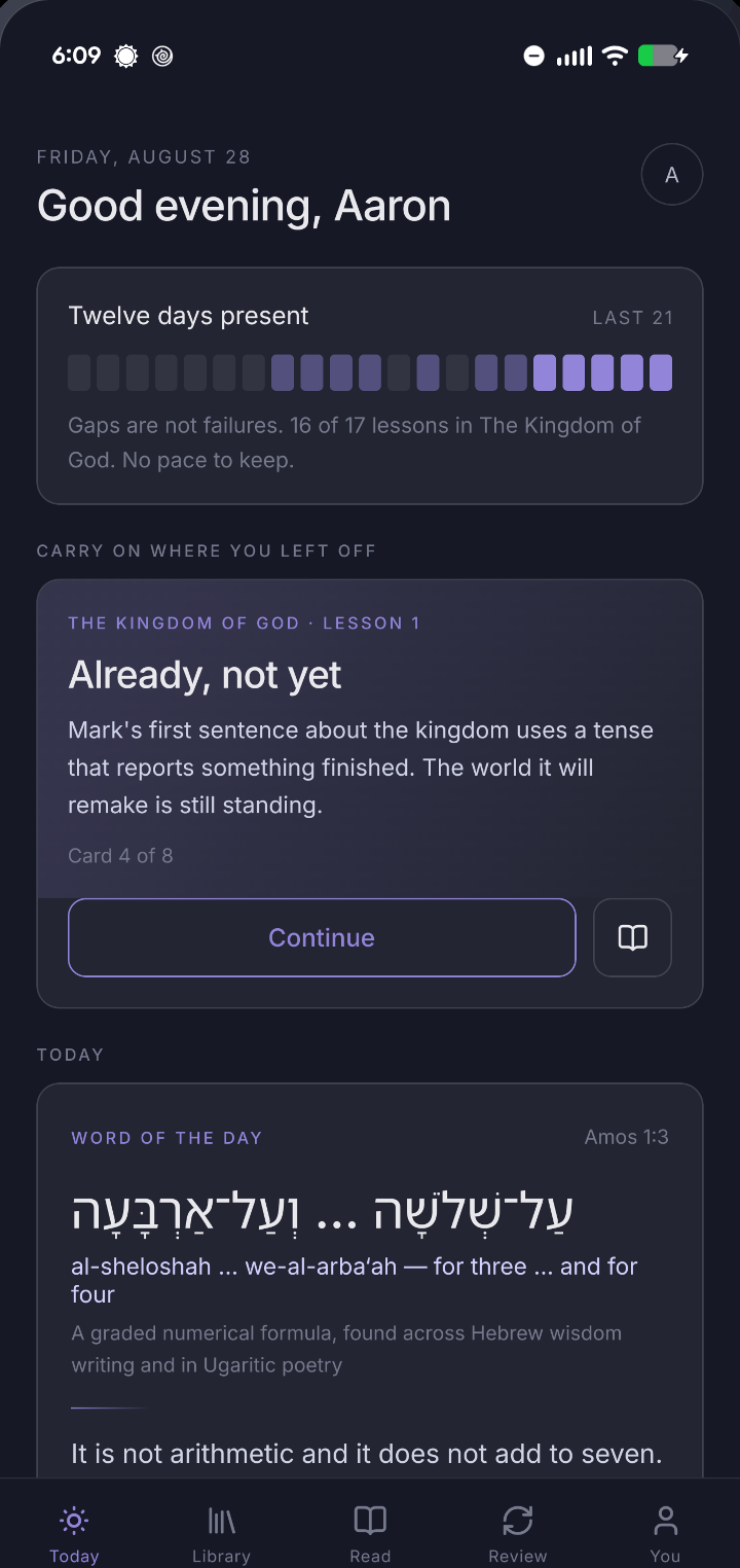 The day's lesson, a record of days present that says gaps are not failures, and a Hebrew word from Amos.